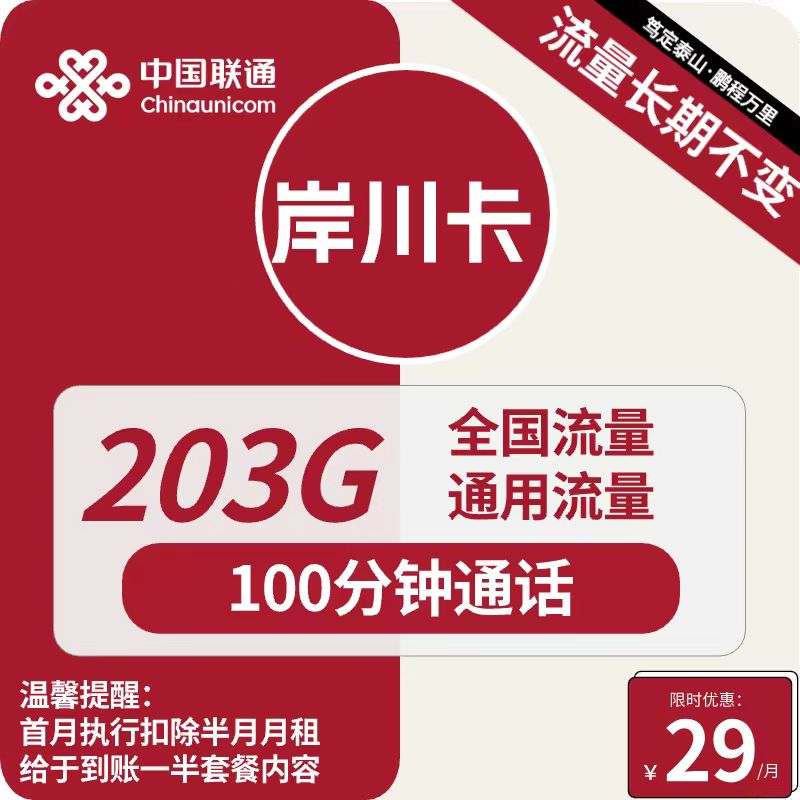 联通岸川卡。每月仅需29元包含203G全国通用+100分钟，长期资费